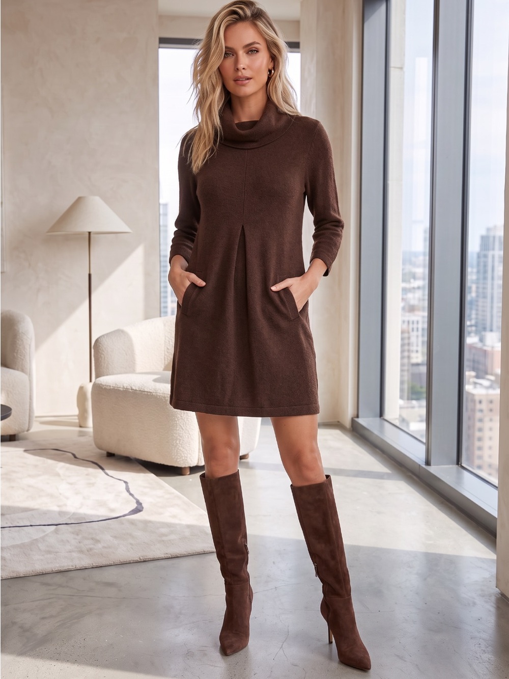 Tyler Boe Kim Cotton Cashmere Sweater Dress Cowl Funnel Roll Neck Brown Knit
